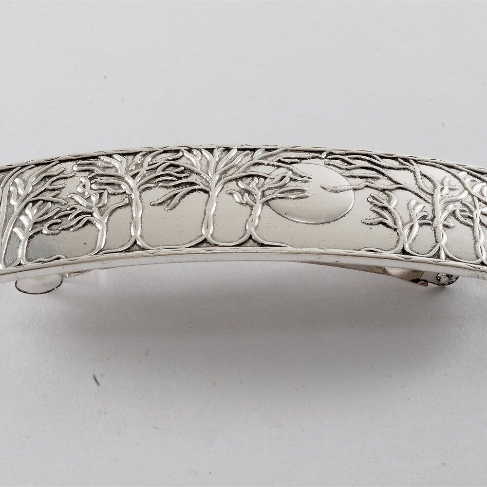 Vintage Hair Barrette SilverTone Metal Forest Full Moon Sun Top Hair Accessory